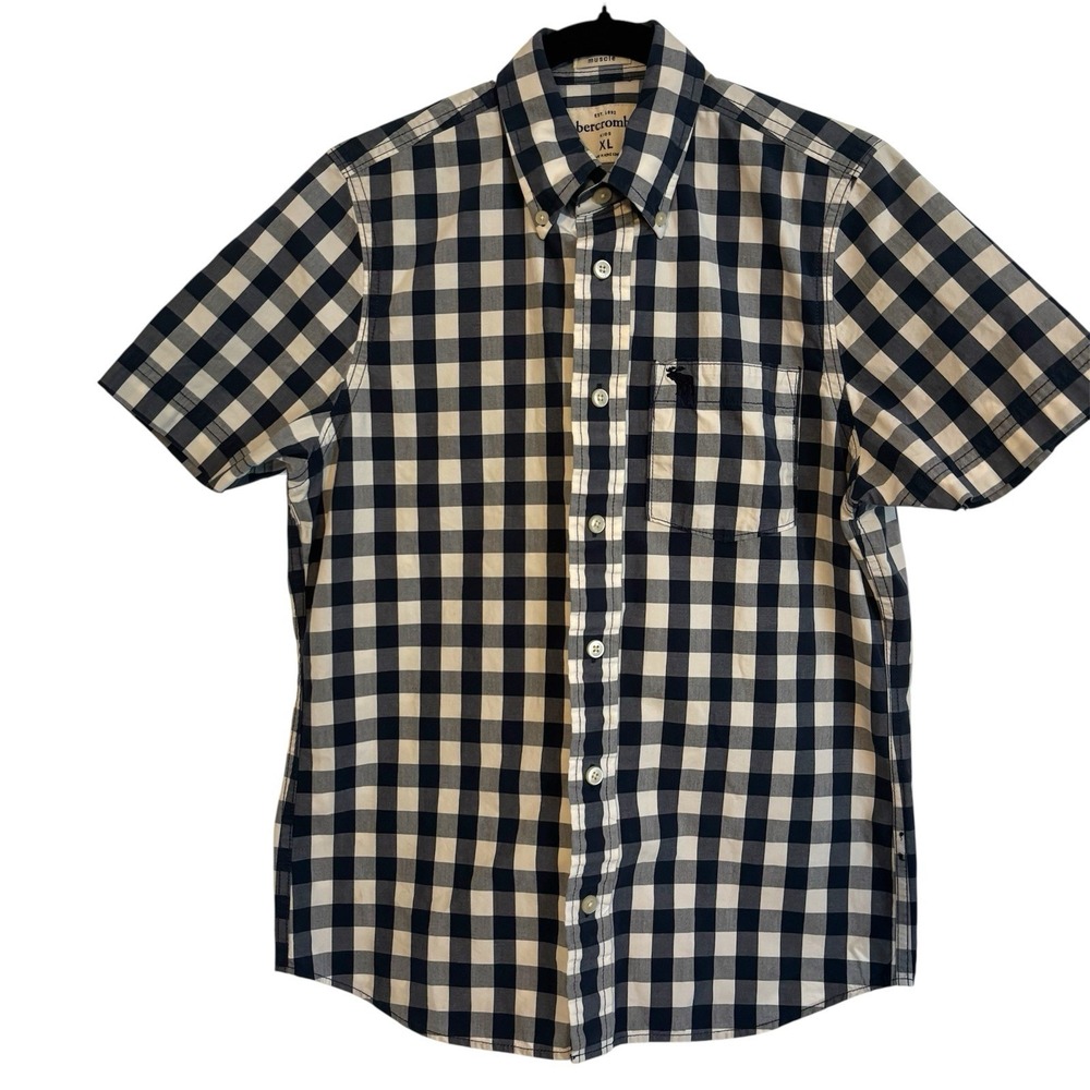 Abercrombie Boys‎ Muscle Fit Button Up Shirt Blue Checker Size XL Short Sleeves